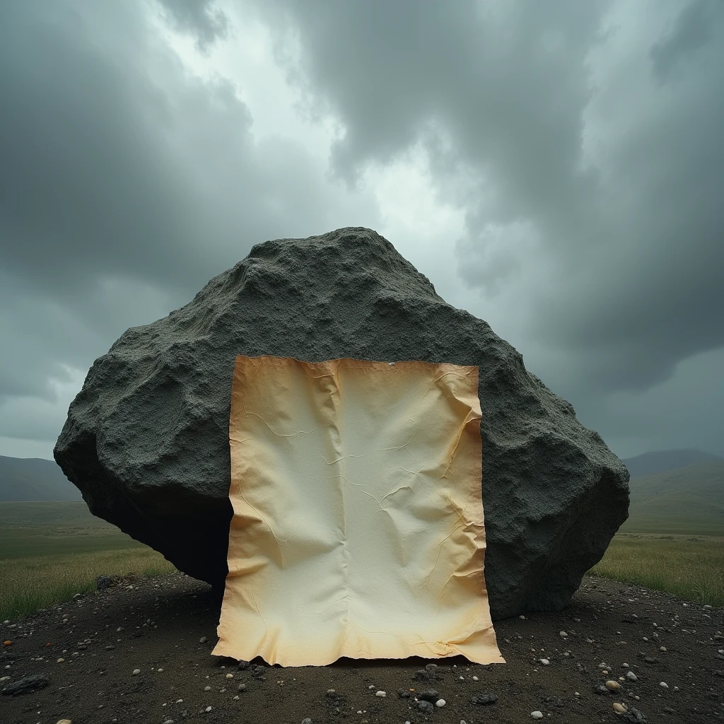 Realistically draw a sheet of paper under a rock. It's cloudy and there's a lot of wind in the air.. But since the rock is on top of the sheet of paper, it prevents it from flying away.