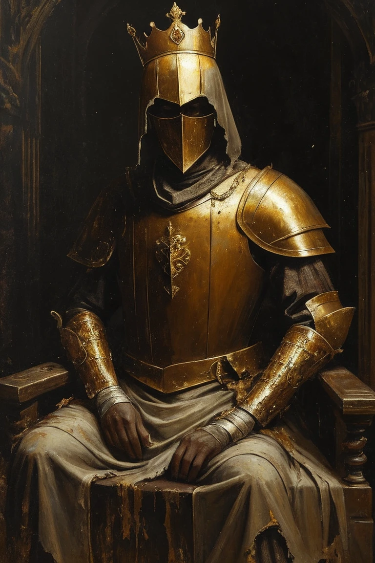 a painting of a saddened man, dying, gaunt, arms and legs wrapped in old bandages, wearing tattered royal shirt, broken gold crown, bandages covered in dried blood and puss, disgusting, sitting on a crumbling throne, arms resting in lap, head hung low, defeated facial expression, in pain, old bandages, mended armor over torso, dirty armor, scratches all over his armor, mended metal chest armor, old art, in a crumbling castle in darkness, nighttime, eerie, dark, no light, renaissance style art, dull painting, few reflections