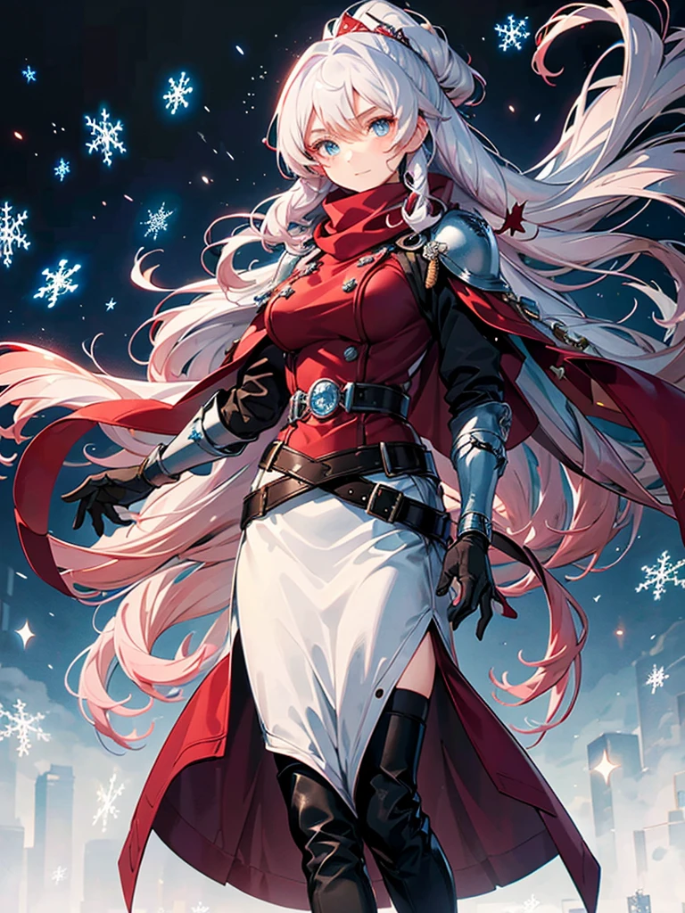 Black background with spotlight, snowflakes fluttering,Wearing a red scarf, White jacket,Medium Hair, Blue and white hair,blue eyes,mechanized hand++, Unusually huge gauntlet++, whole body