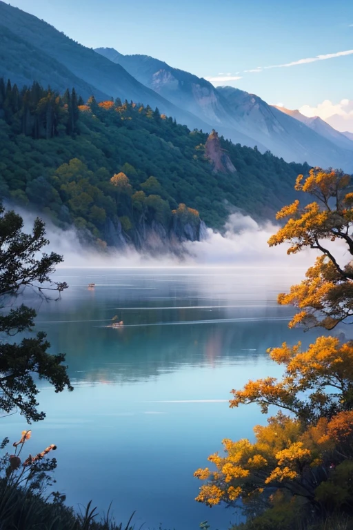 Highest quality、Landscape painting、Tranquil lakeside scenery、Foggy、dim