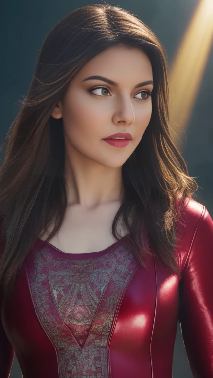 Scene from Movie, full body Scarlet Witch from Marvel Close-Up Shot, Distorted Space, Distorted Undead in the Background, Lens Flares, Light Shafts, Intricate Details, High Detailed, Volumetric Lighting, 4k Rendering, Stock Photo, Hyper Realistic, Realistic Textures, Dramatic Lighting, Unreal Engine