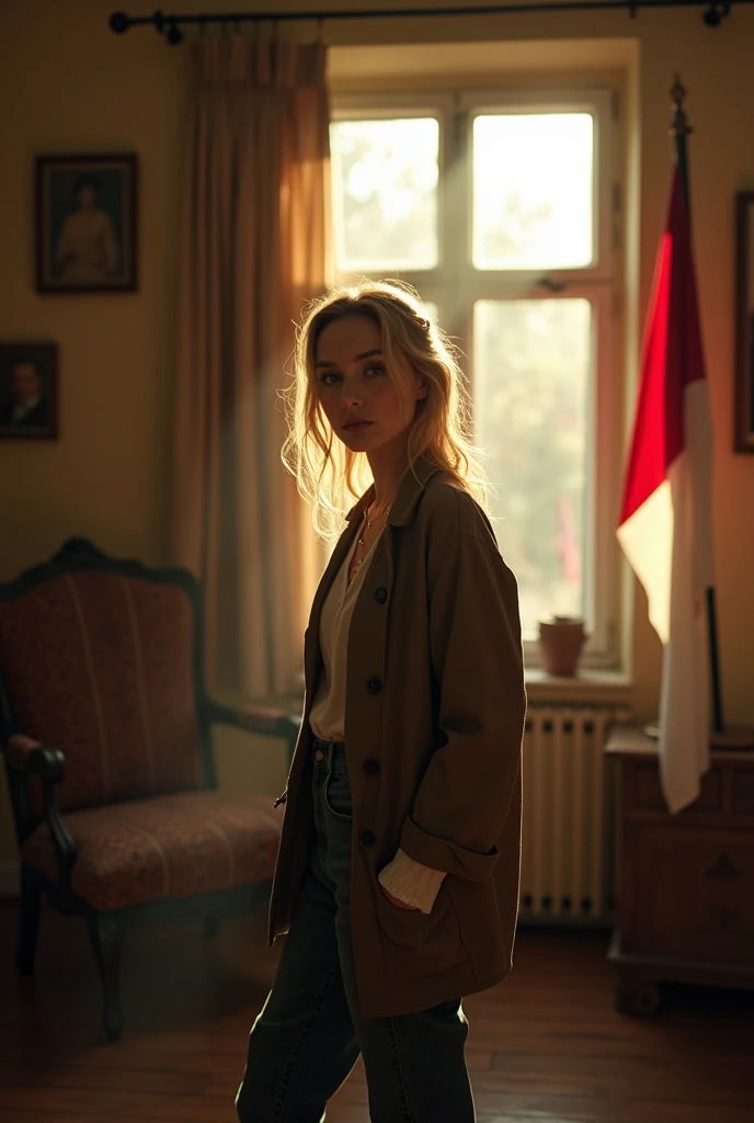 (Raw photo, 4K, masterpiece, A high resolution, extremely complex) (realistic: 1.4), Cinematic lighting, 1 jewish blonde woman, just concentrate, (slight full posture), Summer afternoon, cold, 1900-е годы (style), in room, Indonesia flag stand, outdoor jacket