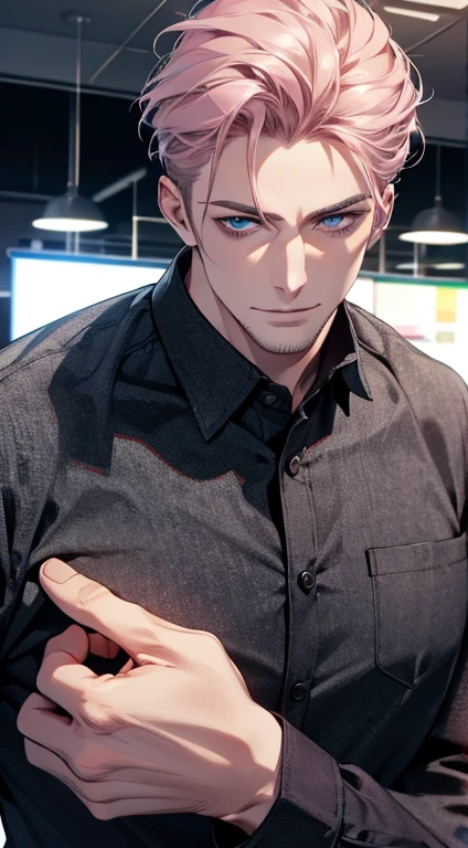 (best quality,4k,8k,highres,masterpiece:1.2),ultra-detailed,(realistic,photorealistic,photo-realistic:1.37),1 man,31 years old,mature man,very handsome,without expression,smile,short grey pink hair,blue eyes,penetrating gaze,perfect face without errors,imposing posture,businessman,office background,cinematic lighting,hdr image