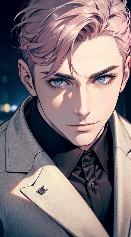 (best quality,4k,8k,highres,masterpiece:1.2),ultra-detailed,(realistic,photorealistic,photo-realistic:1.37),1 man,31 years old,mature man,very handsome,without expression,smile,short grey pink hair,blue eyes,penetrating gaze,perfect face without errors,imposing posture,businessman,office background,cinematic lighting,hdr image