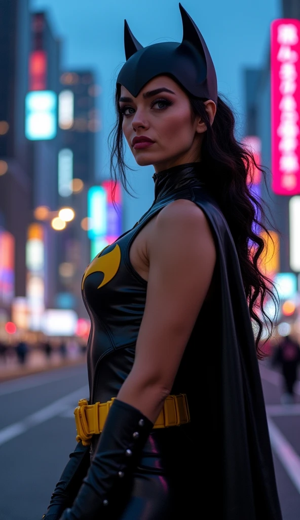 wide shot) full-length hyper realistic photograph of a beautiful woman, 20 years old, as Batgirl, athletic body, (light and bright blue eyes:1.2), very long eyelashes, sensual lips, provocative expression, big breasts, realistic, real face, hyper realistic, influencer, insta influencer, beautiful, sexy, pretty