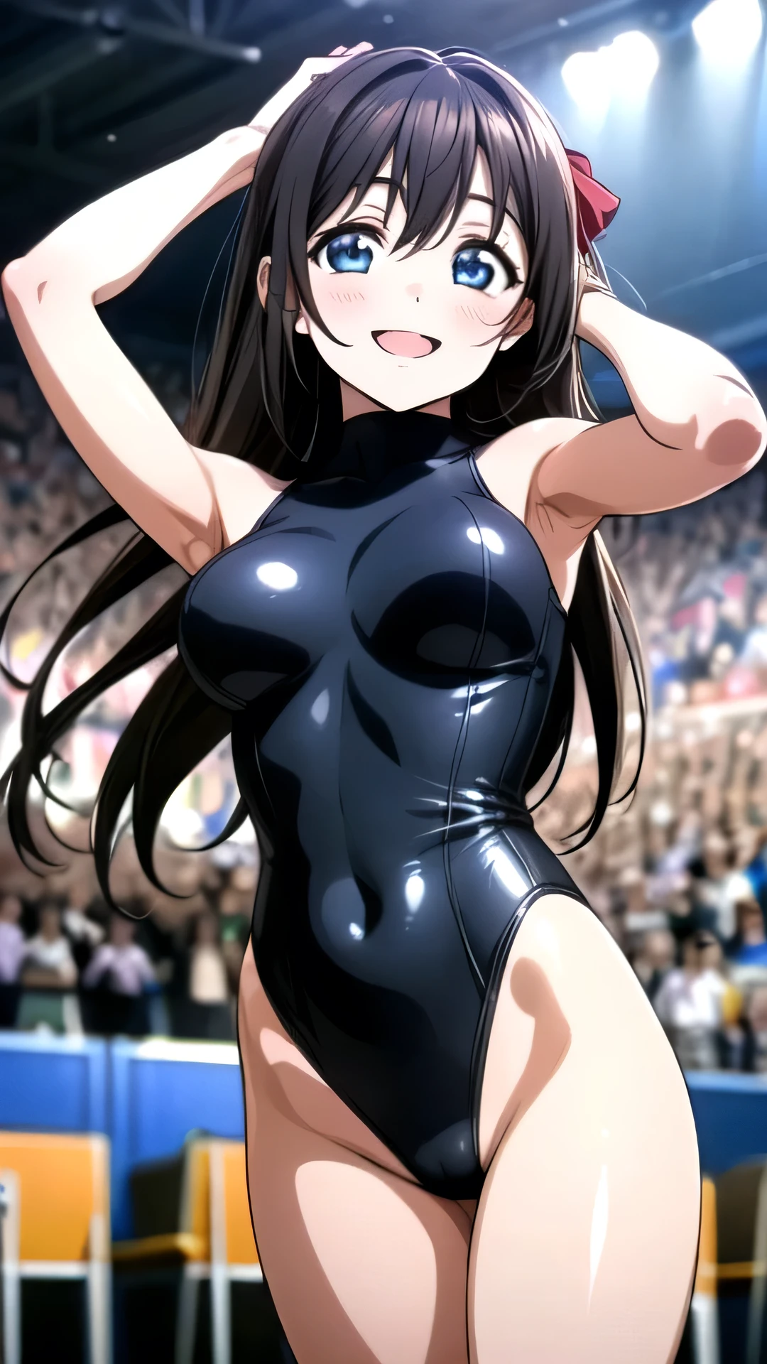 (Highest quality, masterpiece:1.2), (One person, One personで:1.2), cute, smile, Embarrassing、blush、sports warehouse, (View your audience, One personで focus:1.2), Cowboy Shot、Long black hair, Hair Ribbon, blue eyes, Straight hair, Shiny floral leotard、Armpits、Big Breasts、Thick pubic hair、Completely naked