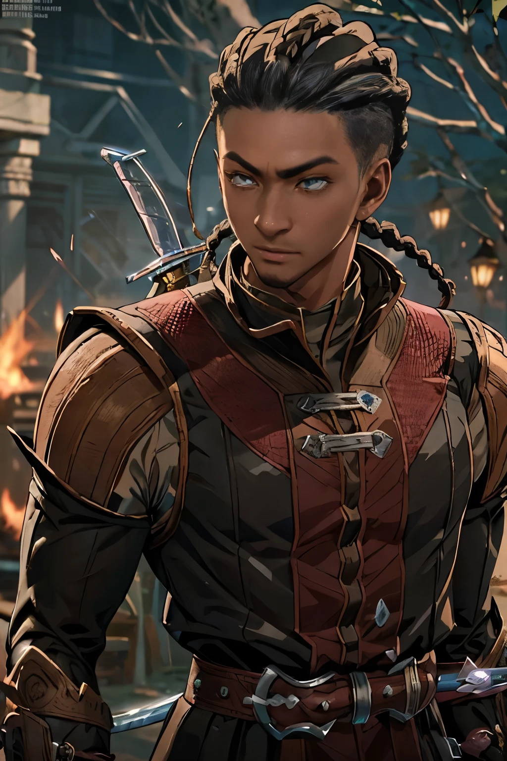 Anime style，Male Young Black Man，With Braided Back Hair and Dreadlocks , Blind, muscular, Dress in appropriate noble attire，Bring a noble rapier sword，Wil from Baldur's Gate 3，bust，Upper Body，Fighting Stance，Anime Character