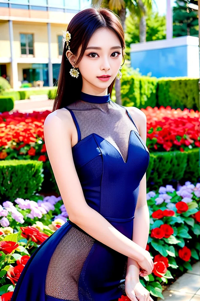 Tzuyu 1, woman, (Realistic), (Hyperrealism), (photoRealistic), Written boundary depth, eye make up:0.7 (whole body:1.8), (Large Bust),(Tight waist), Observe the audience,At the flower garden, Fashion Model, A sexy sheer dress with open shoulders and neckline