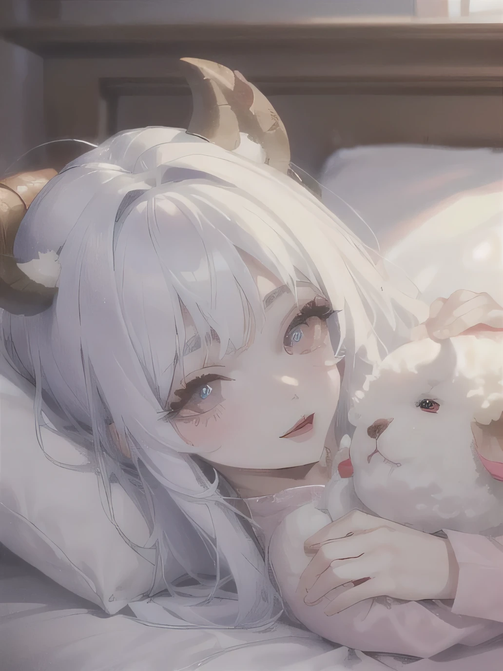 (High quality) (best quality) (A woman) (correct physiognomy) (perfect pupils) (perfect eyes) woman Human-sheep hybrid, deep white hair, long and fluffy, two Sheep ears coming out of her head, Red eyes, sensitive lips, feminine appearance, soft facial features, thin eyebrows, soft skin, rosy cheeks, rosy lips, silky eyelashes, dreamy expression, middle age, youthful clothing, sweatshirt with print sheep, photo illuminated by sunlight, Woman lying in her bed.