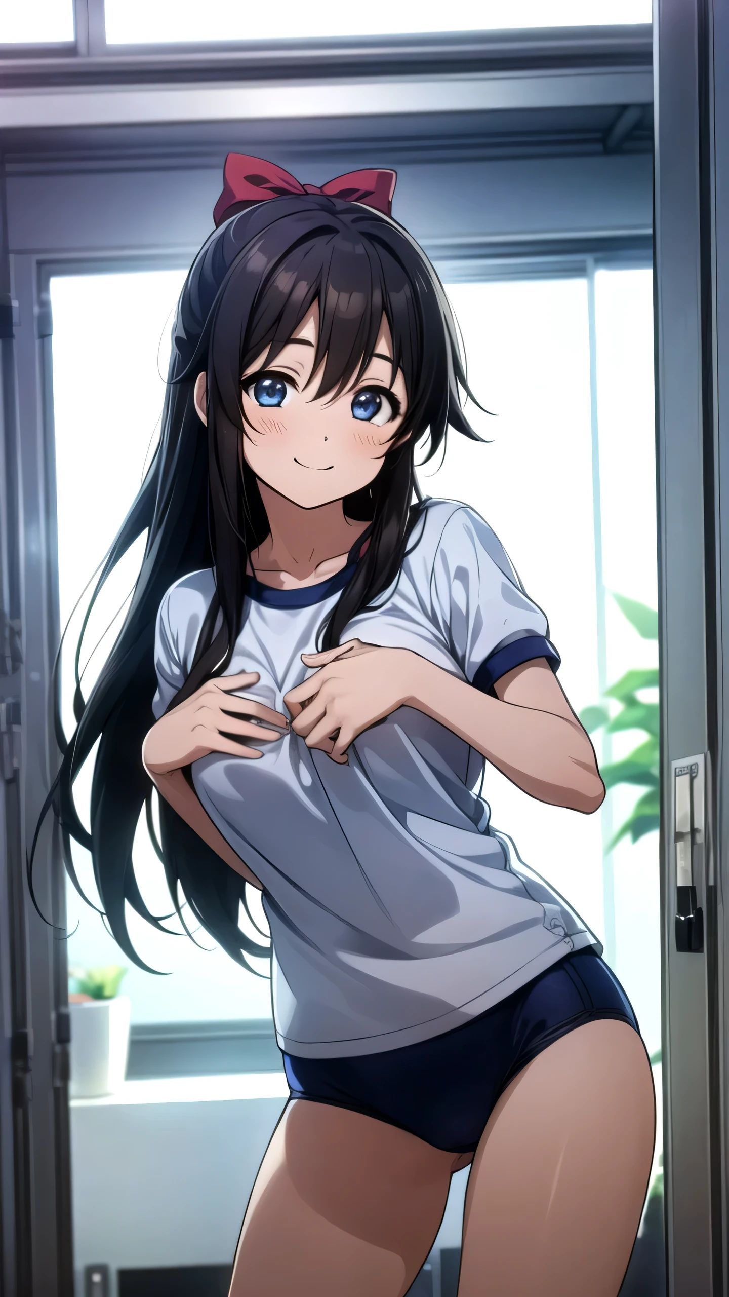 (Highest quality, masterpiece:1.2), (One person, One personで:1.2), cute, smile, Embarrassing、blush、locker room, (View your viewers, One personで focus:1.2)、Long Hair, Hair Ribbon, blue eyes, Straight black hair, dynamic、White gym clothes、Navy blue bloomers、Navy blue underwear、Big Breasts、Thick pubic hair、Completely naked