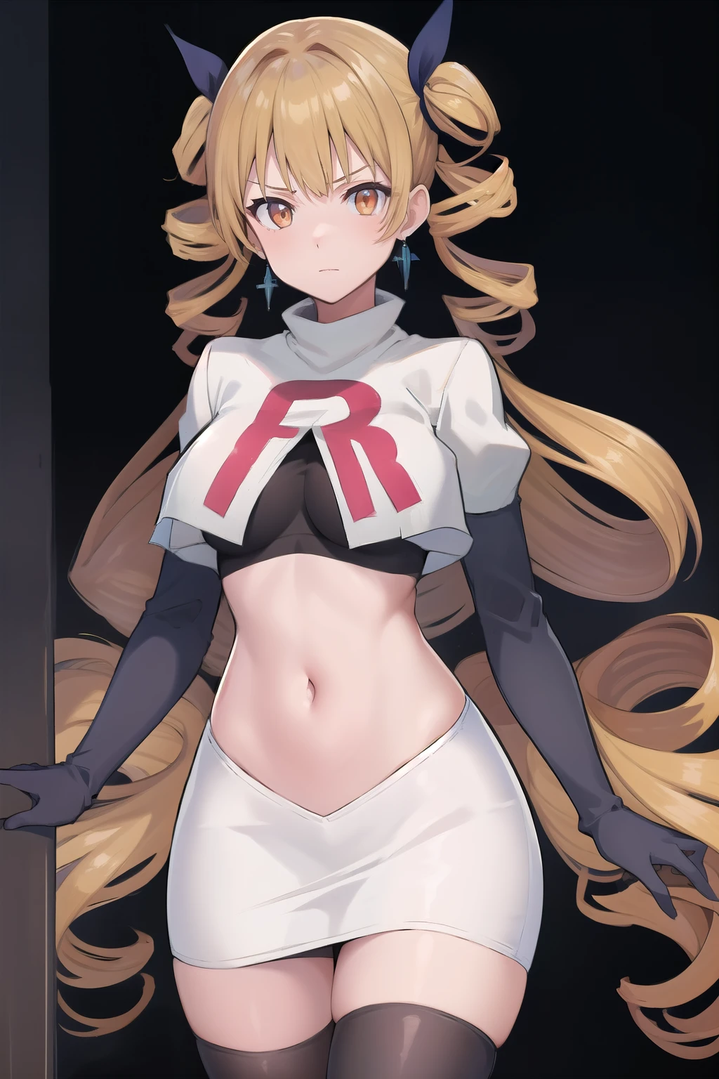 best quality, (masterpiece:1.2), illustration, absurdres, anime,
(1girl, solo), (beautiful detailed girl),
Mariabell Crois, yellow hair, drill hair, twin drills, (long hair:1.1), very long hair,, hair ornament, orange eyes, medium breasts, earrings, jewelry,
team rocket,team rocket uniform,white skirt,red letter R,crop top,black thigh-highs,black elbow gloves, looking at viewer,
