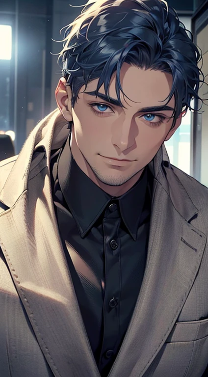 (best quality,4k,8k,highres,masterpiece:1.2),ultra-detailed,(realistic,photorealistic,photo-realistic:1.37),1 man,31 years old,mature man,very handsome,without expression,smile,short blue hair,blue eyes,penetrating gaze,perfect face without errors,imposing posture,businessman,office background,cinematic lighting,hdr image