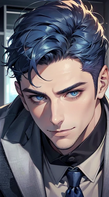 (best quality,4k,8k,highres,masterpiece:1.2),ultra-detailed,(realistic,photorealistic,photo-realistic:1.37),1 man,31 years old,mature man,very handsome,without expression,smile,short blue hair,blue eyes,penetrating gaze,perfect face without errors,imposing posture,businessman,office background,cinematic lighting,hdr image