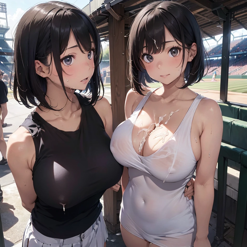 2lady(different hair style), ((ultra-quality)), (Bukkake:1.5), (side view), (profile), (from side), (side colossal tit:1.6), (in 8K), (arms behind back:1.5), (arms are down), ultra highres, Hyper Detailed, High contrast, Ultrafine Strike, creative refinement, absurdres, Realistic, extremely detailed CG unified 8k wallpaper, Highly detailed, High-definition raw color photos, professional photography, Realistic portrait, Cinematic Light, Beautiful detailed, 28 years old woman, (realistic skin:1.3), (shiny skin), (Best Quality:1.4), Super Detail, High quality, ​master piece, lifelike, (After SEX), Bukkake, Perfect face, (cum on chest:1.5), (Bukkake:1.5), (covered by lot of cum:1.3), (Sharp Focus), (upper body), (close up), Delicate Beautiful Hair and Eyes and Face, Delicate eyes, radiant eyes, Lifelike, Hyper-detailing, (white tank top:1.3), (bare shoulder), (covered breasts), (mini skirt), (Sheer areola:1.3), (colossal breasts:1.6), (big breasts:1.5), (Beautiful breasts:1.5), (smooth stomach), (Sheer areola:1.4), (arms behind back:1.3), Beautiful cute woman, camel-toe details, (SFW), wet clothes, pale black eyes, (bob cut), (medium hair), (parted bangs), (baseball stadium)
