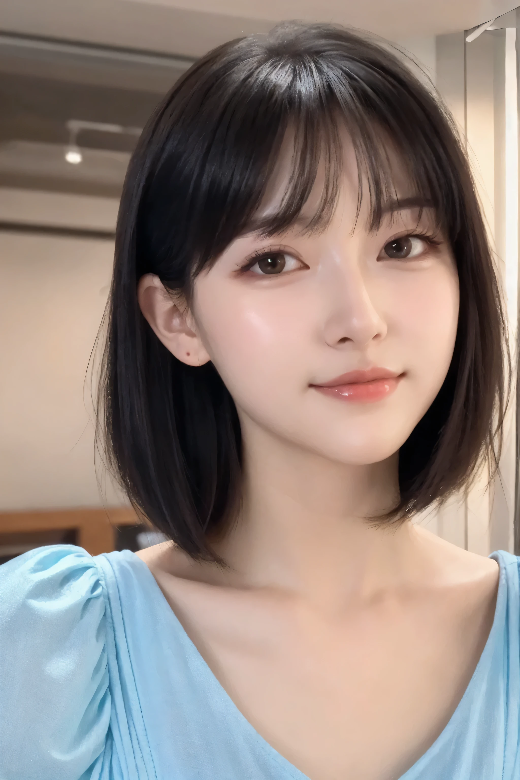 (8k, RAW Photo, Best Quality, Masterpiece:1.2), table top, Ultra Detail, Super Resolution, (Realistic, Realistic Photo:1.37), Portrait, High Detail RAW Color Photo, Professional Photo, Extremely Detailed and Beautiful, Extremely detailed, 8k wallpaper, amazing and detailed, huge file size, official art, highly detailed CG unity 8k wallpaper, highly detailed beautiful girl, highly detailed face, highly detailed eyes, highly detailed skin, highly detailed fingers, highly detailed nose, very detailed detailed mouth , perfect anatomy, highly detailed background, highly detailed clothes, 1girl, 17 year old girl, cute girl, realistic body, fair skin, glowing skin , slim body, handsome body, black hair , short hair, (blunt bangs:1.2), smile, cute, youthful, cute face, realistic face, delicate eyes, drooping eyes, looking at viewer, facing front, standing posture, Contraposto, dynamic lighting, ((face closeup)), (medium chest), (Perfect Body Proportions), (slender Body Proportions), (bedroom), super sexy pose, ((neat dress)),