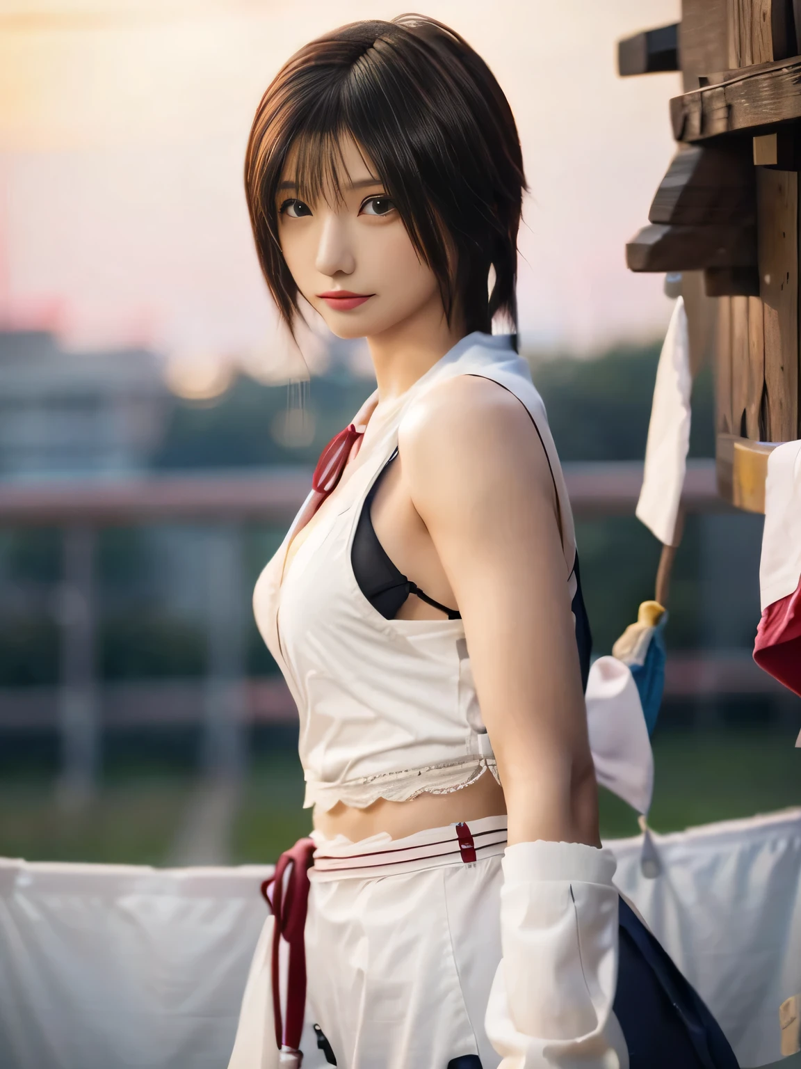 20 year old Japanese beauty，One person、Muscular body like a bodybuilder、Emphasize the breasts、Slit eyes、A head-to-toe view，Bust is very very large、The background is a medieval European kitchen、High quality photos、Clear, crisp images of the lower body、Masterpiece 8k、Smiling、I'm hanging laundry outside.、From the front, from the side, from the back, etc.々from what camera angle to shoot、FF10 Yuna's outfit、Character Sheet、Character screen style