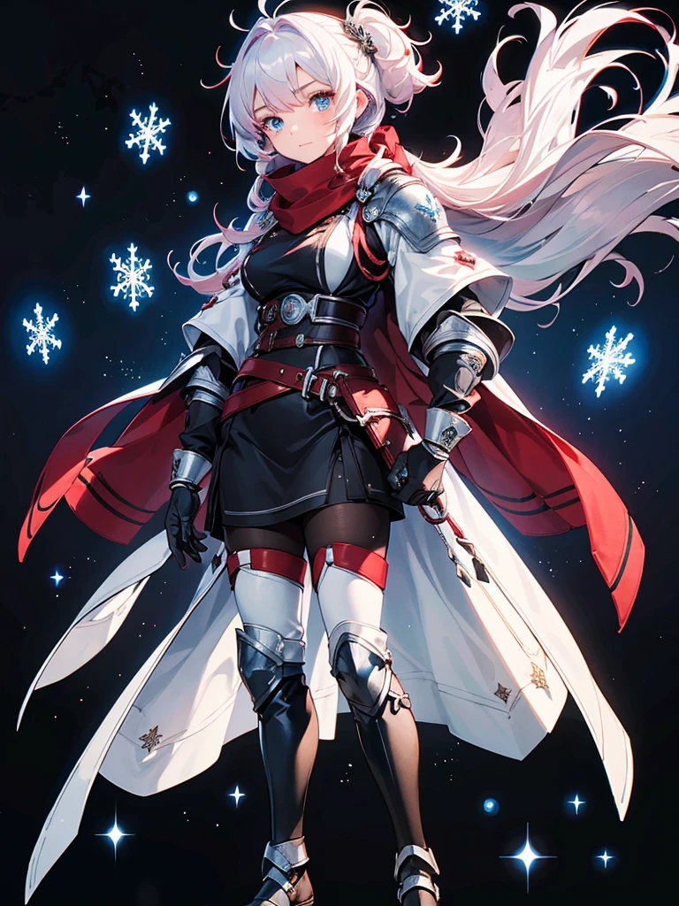 Black background with spotlight, snowflakes fluttering,Wearing a red scarf, White jacket,Medium Hair, Blue and white hair,blue eyes,mechanized hand++, Unusually huge gauntlet++, whole body