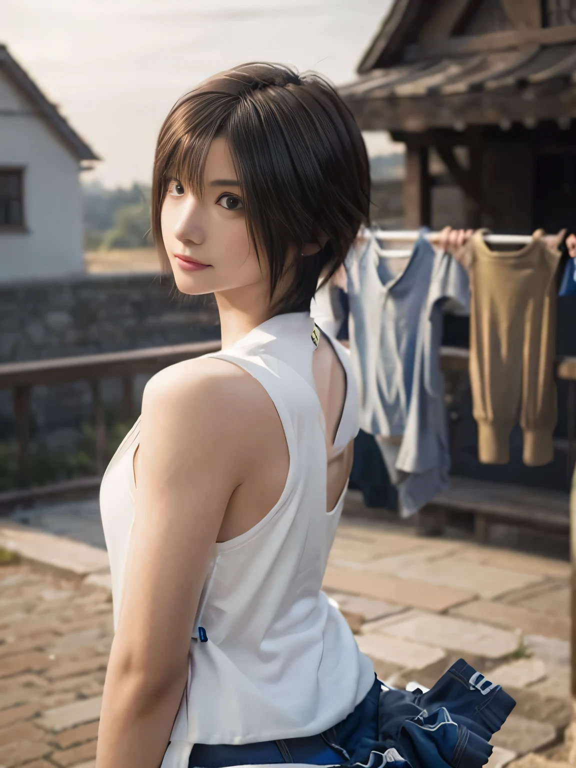 20 year old Japanese beauty,One person、Muscular body like a bodybuilder、Emphasize the breasts、Slit eyes、A head-to-toe view,Bust is very very large、The background is a medieval European kitchen、High quality photos、Clear, crisp images of the lower body、Masterpiece 8k、Smiling、I'm hanging laundry outside.、From the front, from the side, from the back, etc.々from what camera angle to shoot、FF10 Yuna's outfit、Character Sheet、Character screen style