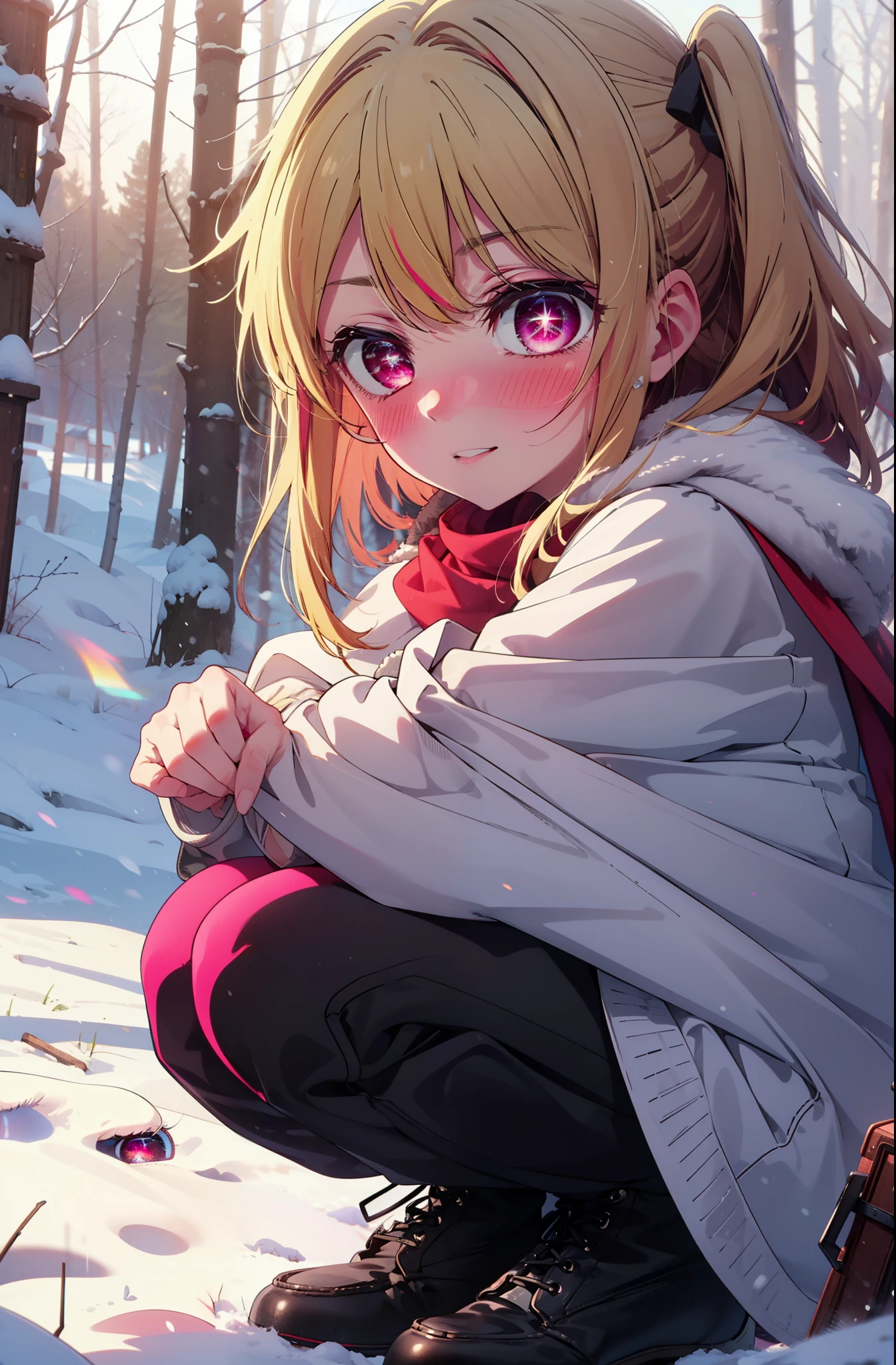 rubyhoshino, Hoshino Ruby, Long Hair, bangs, Blonde, (Pink Eyes:1.3), Side Lock, (Symbol-shaped pupil:1.5), Multicolored Hair, Two-tone hair, smile,,smile,blush,white breath,
Open your mouth,snow,Ground bonfire, Outdoor, boots, snowing, From the side, wood, suitcase, Cape, Blurred, , forest, White handbag, nature,  Squat, Mouth closed, Cape, winter, Written boundary depth, Black shoes, red Cape break looking at viewer, Upper Body, whole body, break Outdoor, forest, nature, break (masterpiece:1.2), Highest quality, High resolution, unity 8k wallpaper, (shape:0.8), (Beautiful and beautiful eyes:1.6), Highly detailed face, Perfect lighting, Highly detailed CG, (Perfect hands, Perfect Anatomy),