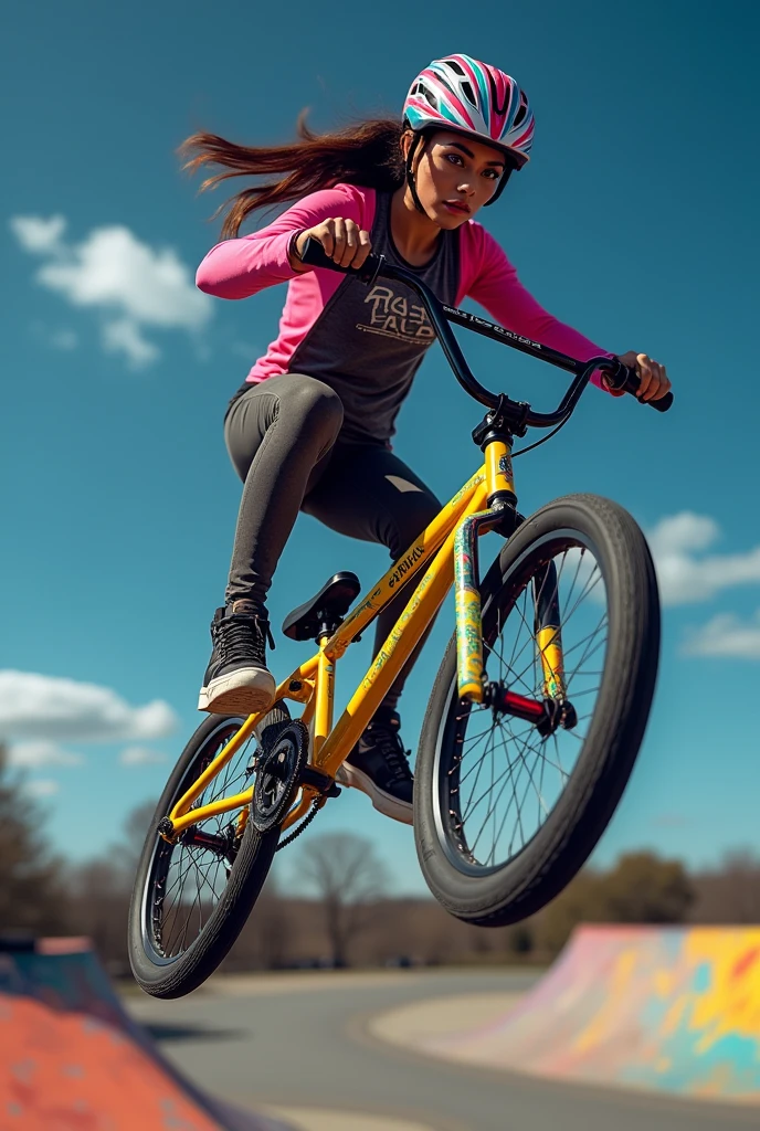 a female BMX freestyle park rider performing stunts, beautiful detailed eyes, beautiful detailed lips, extremely detailed eyes and face, long eyelashes, athletic muscular fit body, dynamic action pose, mid air jump, spinning trick, colorful bike, vibrant neon colors, dramatic lighting, motion blur, (best quality,4k,8k,highres,masterpiece:1.2),ultra-detailed,(realistic,photorealistic,photo-realistic:1.37),sports photography,dynamic composition,high contrast