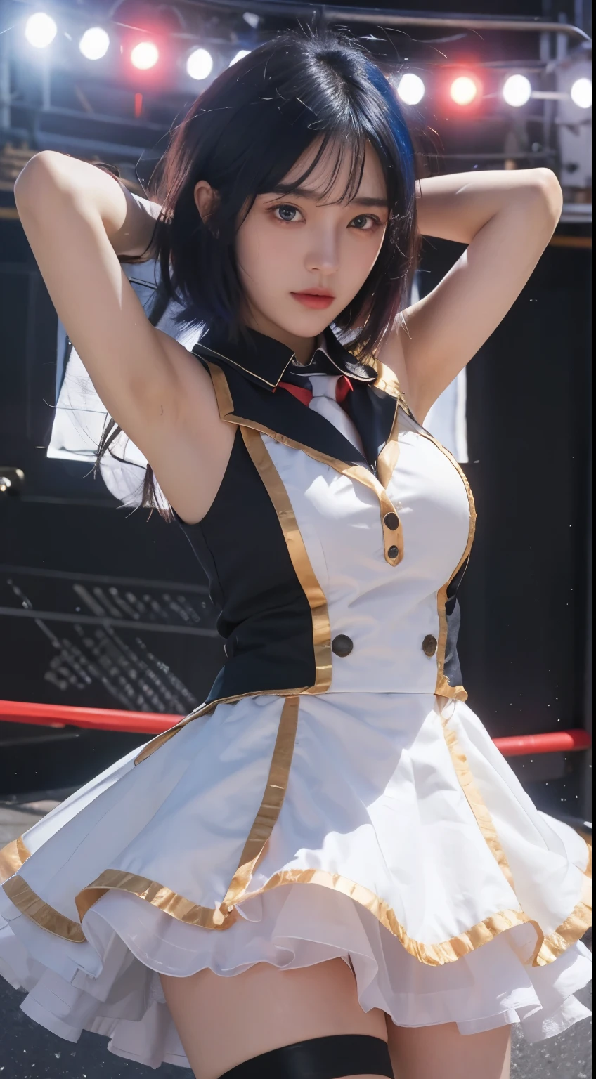Akane, caracter of oshi no ko anime, red eyes, short blue hair, black highschool uniform, detailed face, detailed hair, detailed eyes, detailed hand, ultra realistic, ultra detailed, best quality, masterpiece.