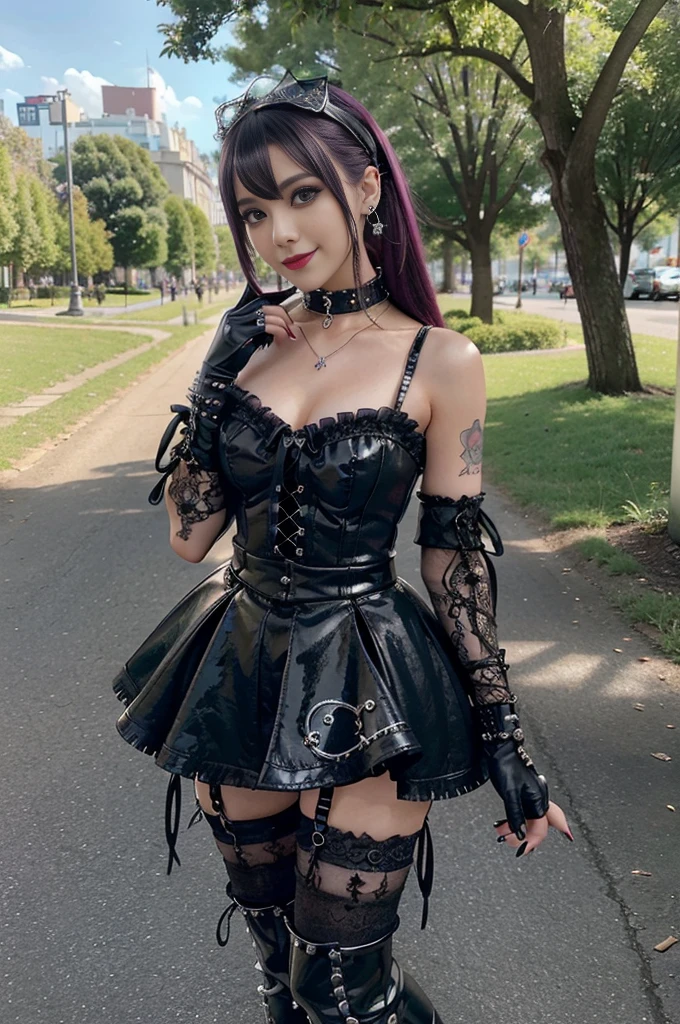 sexy stylish female model, only 1 female, ((doll-like appearance)), short purple stylish hair, ((shiny Punk-Style boots)), (big smile), ultra detailed eyes, Punk makeup, lipgloss, ((sexy Punk Lolita cosplay)), unconventional skirt, petticoats, high neckline, ((ultra detailed lace)), ((ultra detailed embroidery)), intricate details, tartan patterns, safety pins, Punk Lolita accessoires, short black gloves, Punk Lolita choker, ((large sparkling Punk Lolita jewelry)), cinematic light, detailed large park background with trees