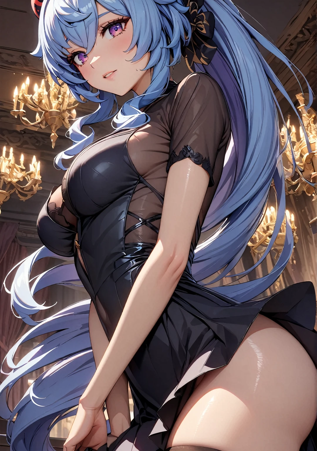 (Highest quality:1.2, High Detail, masterpiece:1.2, Best aesthetics), (1 girl), ganyu \(genshin impact\), Purple eyes, long hair, light blue hair that ends in shades of darker blue, long ponytail, Brownish horns with red engravings, turn backwards, alternate costume, long formal evening dresses, Beautiful detailed eyes, Beautiful detailed lips, Highly detailed face, Detailed Fashion, elegant, luxury, High quality fabric, Shine, Shine,  Room, chandelier, Luxuriously decorated rooms, Dramatic lighting, cinematic, Bright colors, Intricate details, chiaroscuro lighting.