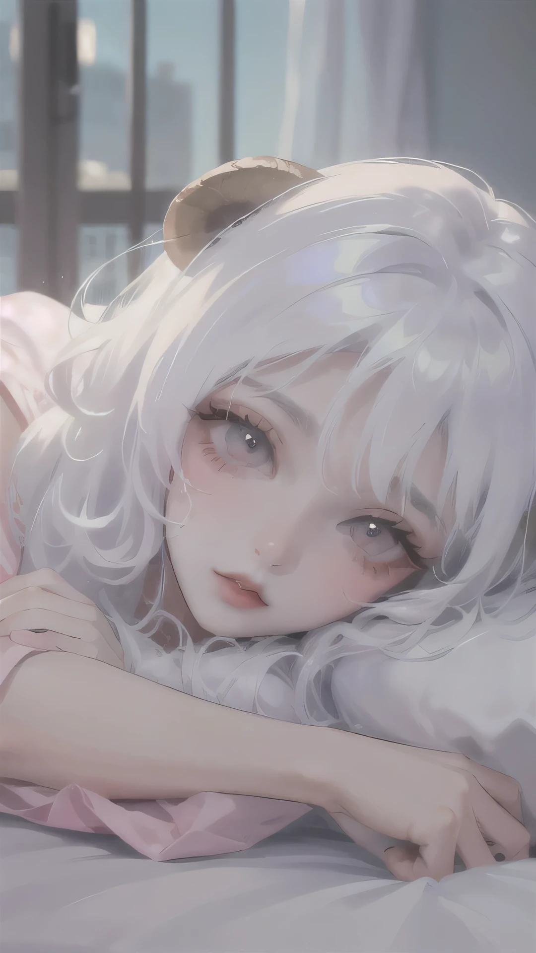 (High quality) (best quality) (A woman) (correct physiognomy) (perfect pupils) (perfect eyes) woman Human-sheep hybrid, deep white hair, long and fluffy, two Sheep ears coming out of her head, Red eyes, sensitive lips, feminine appearance, soft facial features, thin eyebrows, soft skin, rosy cheeks, rosy lips, silky eyelashes, dreamy expression, middle age, youthful clothing, sweatshirt with print sheep, photo illuminated by sunlight, Woman lying in her bed.