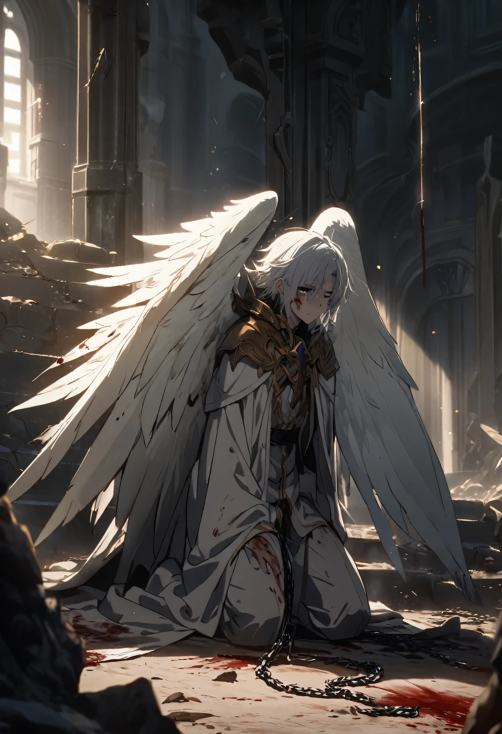 1 boy, white hair, angelical, anime, angel, big wings, angel wings, wounded, bruised, blood, broken wing, kneeling, detailed face, detailed eyes, ultra-detailed, masterpiece, cinematic lighting, dramatic lighting, moody atmosphere, dark fantasy, dramatic composition, emotional, Three-dimensional, looking beyond, sunbeams, Chained, white cloak