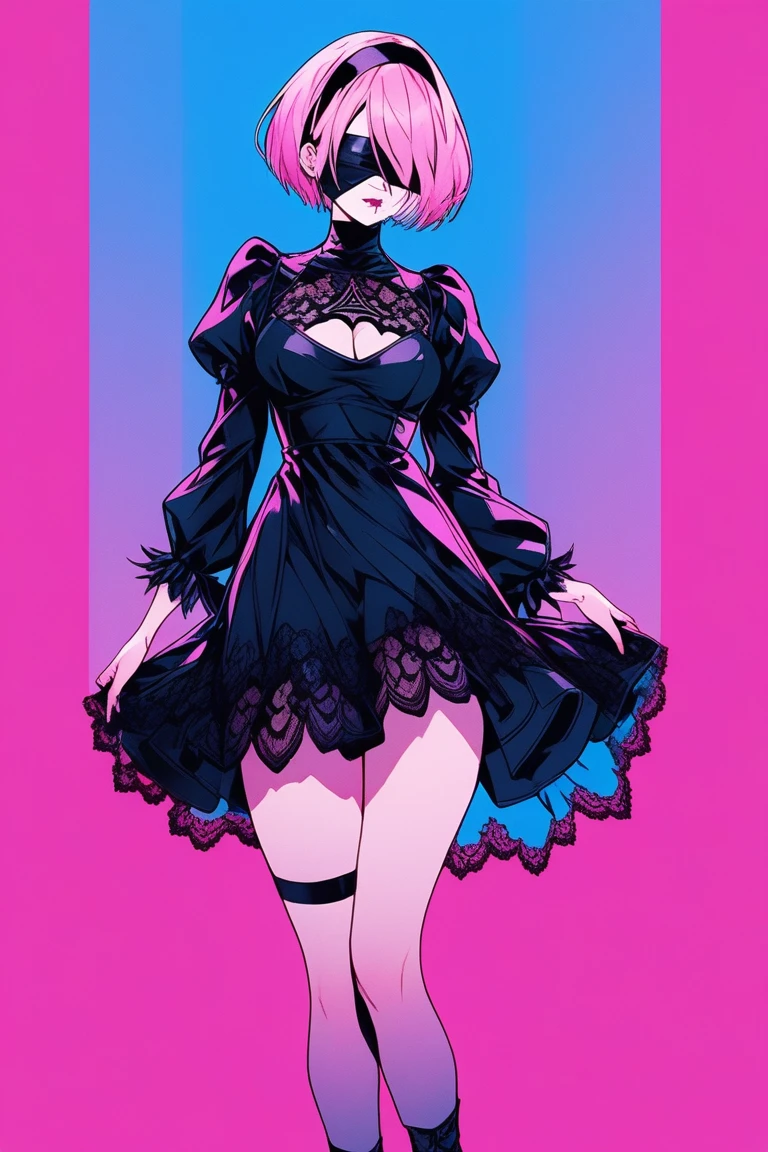 Illustrator, anime , Realistic ,sketch , 1 person, model, lip, A translucent gothic black mini dress with lots of lace, blindfold, eye covered, black blindfold, order, Blue and pink gradient background, Neon colored short hair, Big Breasts, whole body, look back, Sexy look, Sexy pose, Texture Trim, Russia, (masterpiece,Highest quality)