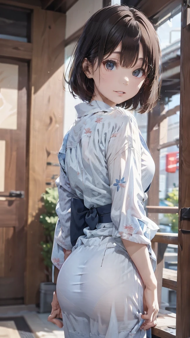 Yukata、Close contact to the body、Alluring、, drunk, modern, from behind, Canon, masterpiece, anatomically correct, super detail, high details, high quality, 16k