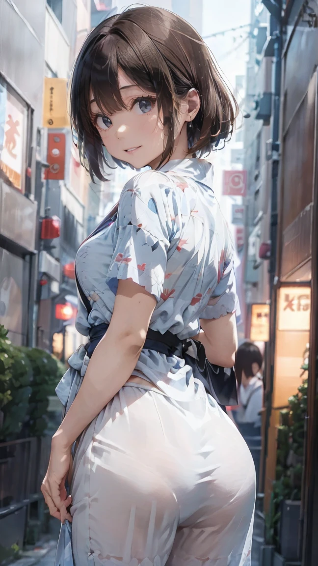 Yukata、Close contact to the body、Alluring、, drunk, modern, from behind, Canon, masterpiece, anatomically correct, super detail, high details, high quality, 16k