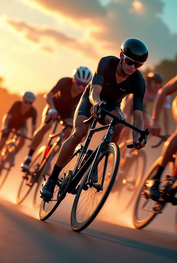 a highly detailed illustration of a high-speed bicycle racing, dynamic motion blur, dramatic lighting, cinematic composition, vibrant colors, intricate mechanical details, athletic human figures, competitive spirit, adrenaline-fueled action