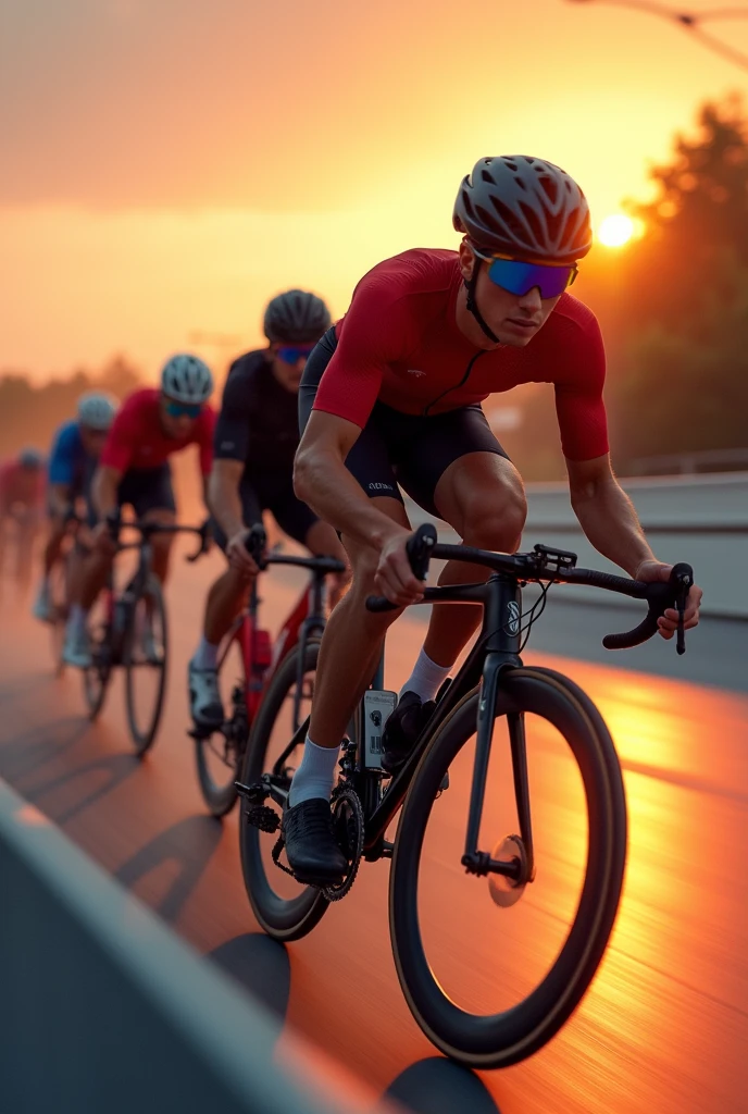 a highly detailed illustration of a high-speed bicycle racing, dynamic motion blur, dramatic lighting, cinematic composition, vibrant colors, intricate mechanical details, athletic human figures, competitive spirit, adrenaline-fueled action