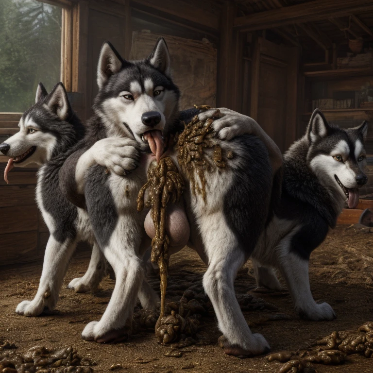 A hyper realistic, ultra detailed image of a husky, fat, (((((feral, husky rimming feces, tongue in husky anus, paws on butt, paws))))), thick thighs, duo, shaded, intricate, realistic, detailed background, (saliva:0.8), panting, drooling, saliva, aroused, ass up, on a klingon star ship, freighter. ((((tongue in anus, excessive drooling, duo, hyper balls, feral, excessive anal scat, standing on all fours, spreading legs, excessive hyper anal feces, husky anal feces rimming))))