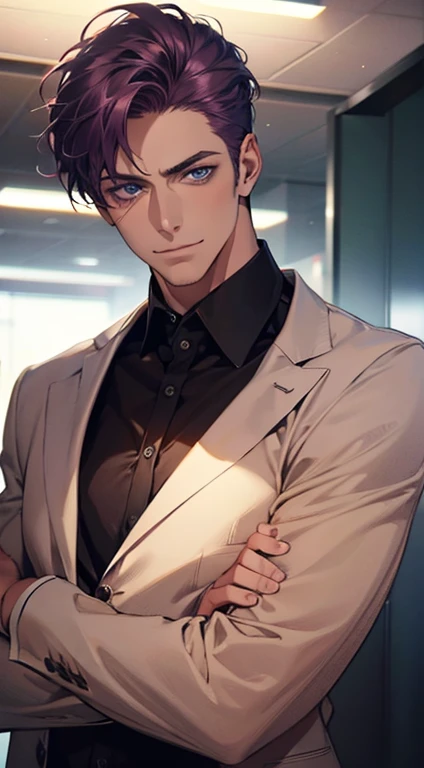 (best quality,4k,8k,highres,masterpiece:1.2),ultra-detailed,(realistic,photorealistic,photo-realistic:1.37),1 man,31 years old,mature man,very handsome,without expression,smile,short purple hair,blue eyes,penetrating gaze,perfect face without errors,imposing posture,businessman,office background,cinematic lighting,hdr image