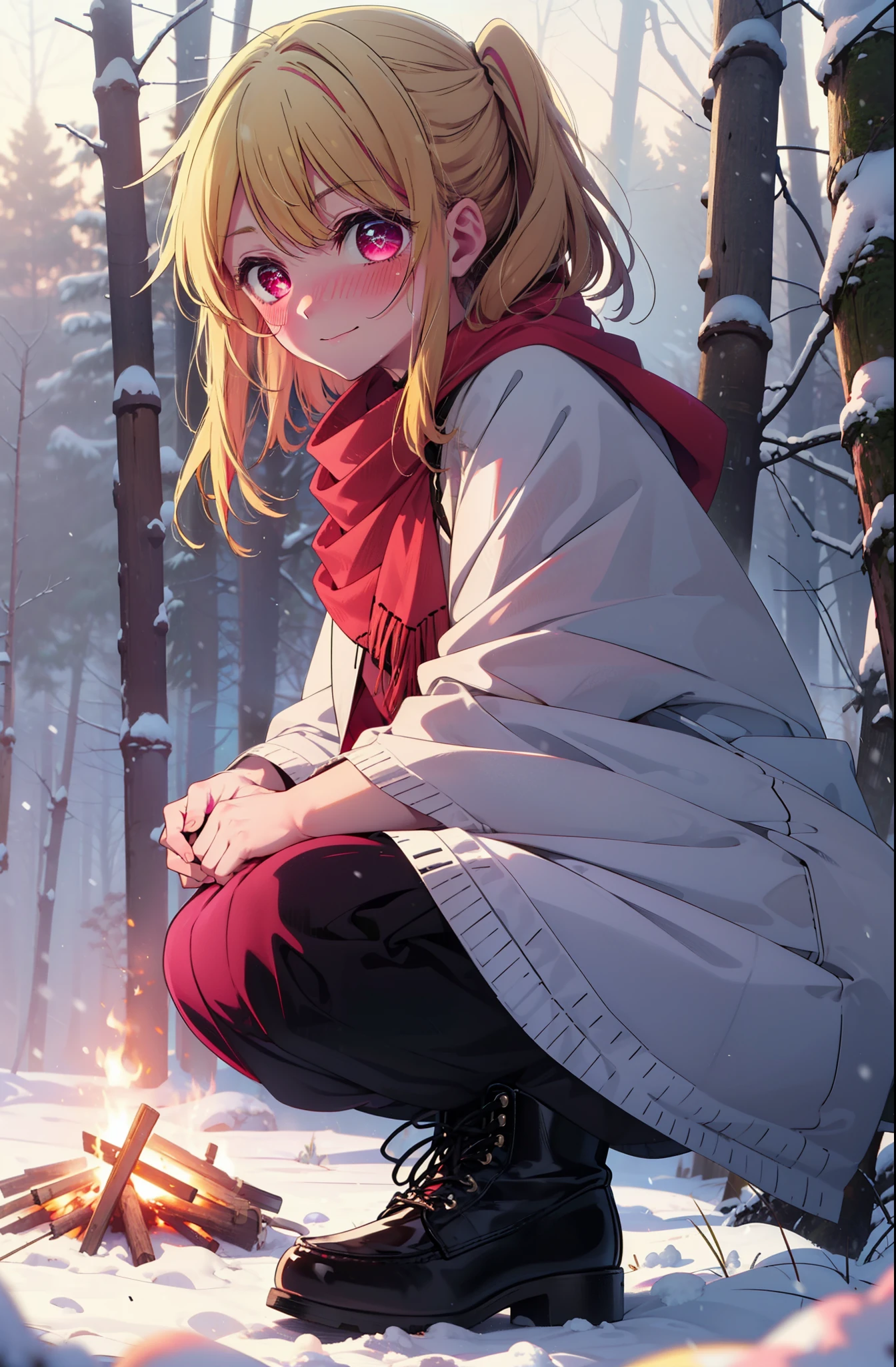 rubyhoshino, Hoshino Ruby, Long Hair, bangs, Blonde, (Pink Eyes:1.3), Side Lock, (Symbol-shaped pupil:1.5), Multicolored Hair, Two-tone hair, smile,,smile,blush,white breath,
Open your mouth,snow,Ground bonfire, Outdoor, boots, snowing, From the side, wood, suitcase, Cape, Blurred, , forest, White handbag, nature, Squat, Mouth closed, Cape, winter, Written boundary depth, Black shoes, red Cape break looking at viewer, Upper Body, whole body, break Outdoor, forest, nature, break (masterpiece:1.2), Highest quality, High resolution, unity 8k wallpaper, (shape:0.8), (Beautiful and beautiful eyes:1.6), Highly detailed face, Perfect lighting, Highly detailed CG, (Perfect hands, Perfect Anatomy),