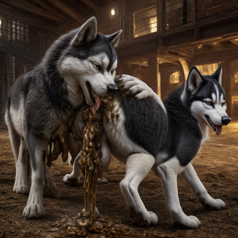 A hyper realistic, ultra detailed image of a husky, fat, (((((feral, husky rimming feces, tongue in husky anus, paws on butt, standing behind))))), thick thighs, duo, shaded, intricate, realistic, detailed background, (saliva:0.8), panting, drooling, saliva, aroused, ass up, on a klingon star ship, freighter. ((((tongue in anus, excessive drooling, duo, hyper balls, feral, excessive anal scat, standing on all fours, spreading legs, excessive hyper anal feces, husky anal feces rimming))))