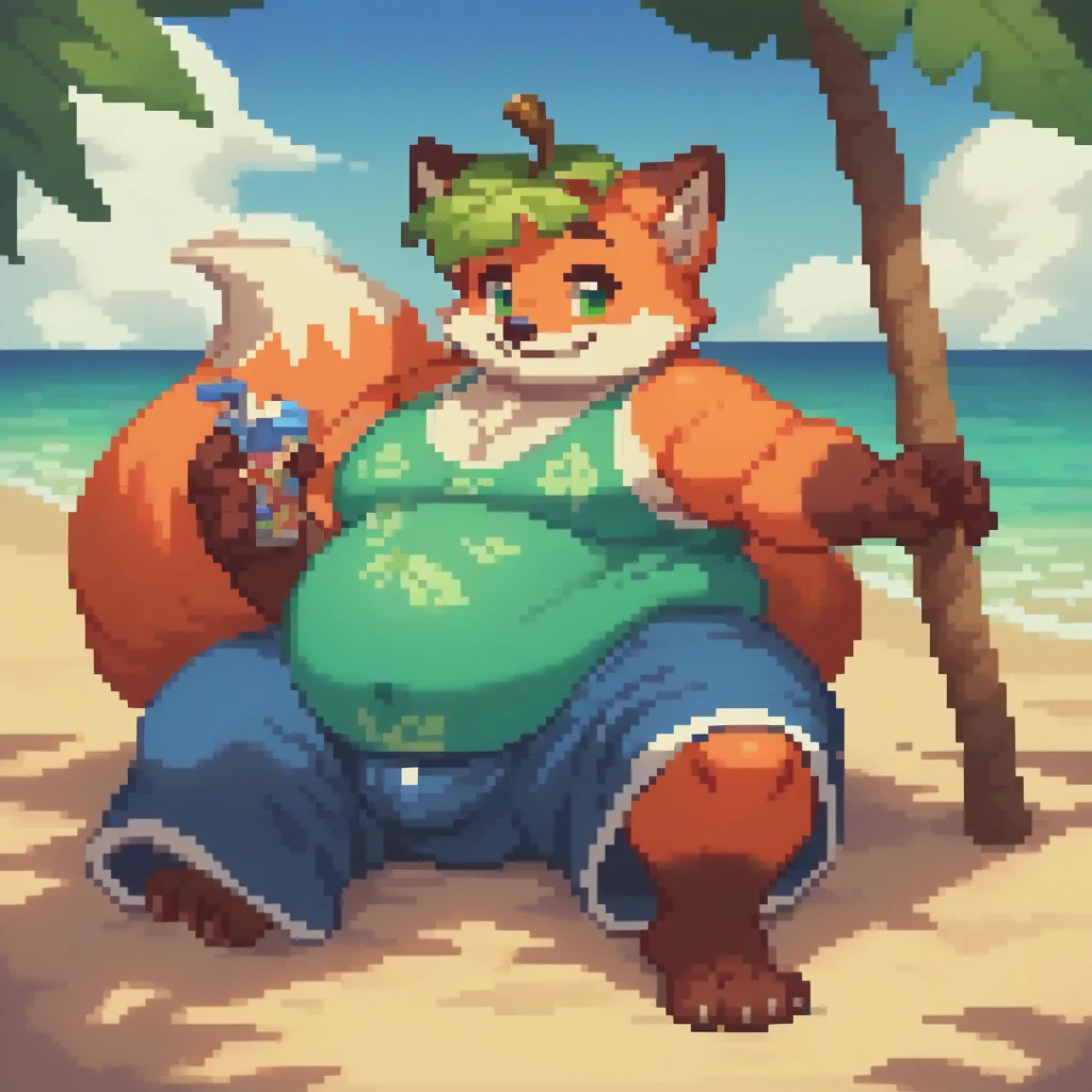 4k, pixel, 32bits, detailed eyes, green eyes, obese, gluttonous orange fox boy, big belly, furry, tree leaf over head, smile, beach clothes, beach background