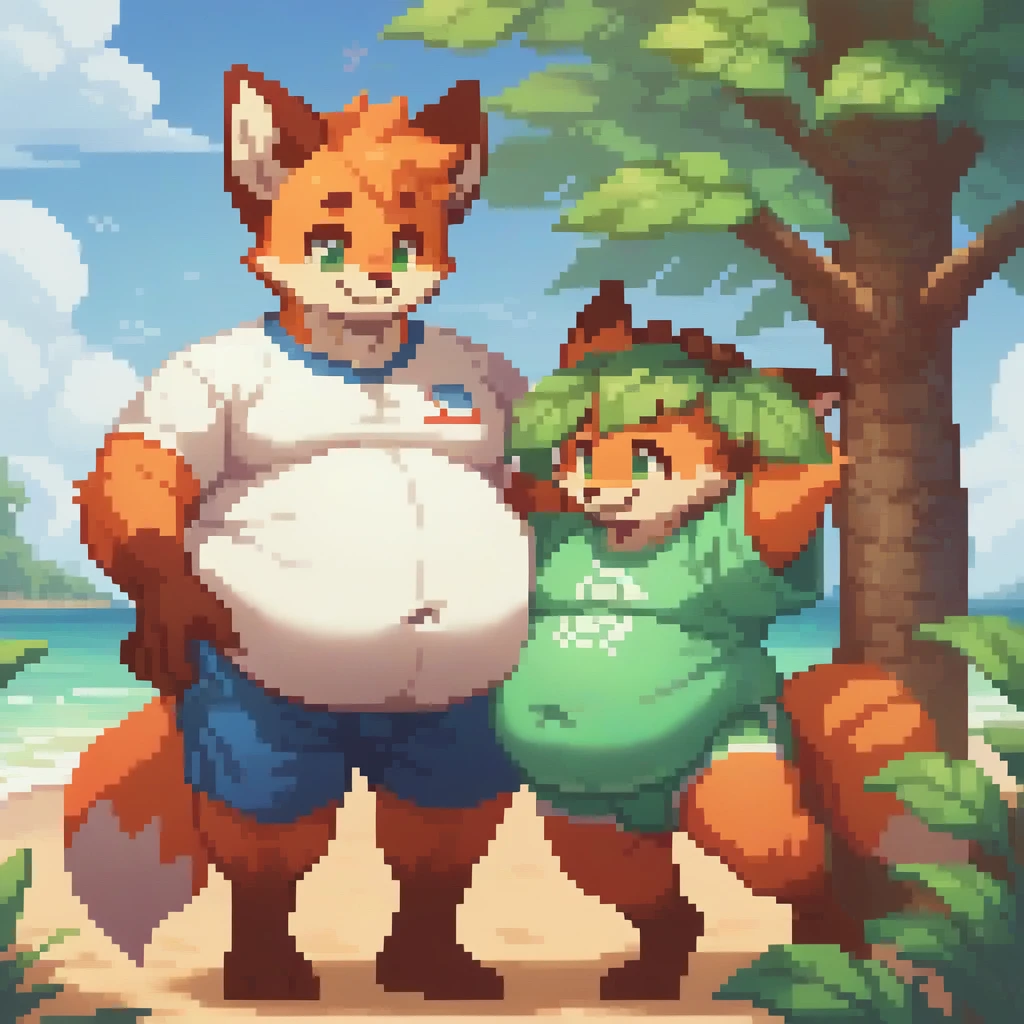 4k, pixel, 32bits, detailed eyes, green eyes, obese, gluttonous orange fox boy, big belly, furry, tree leaf over head, smile, beach clothes, beach background