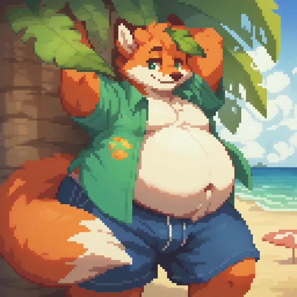 4k, pixel, 32bits, detailed eyes, green eyes, obese, gluttonous orange fox boy, big belly, furry, tree leaf over head, smile, beach clothes, beach background