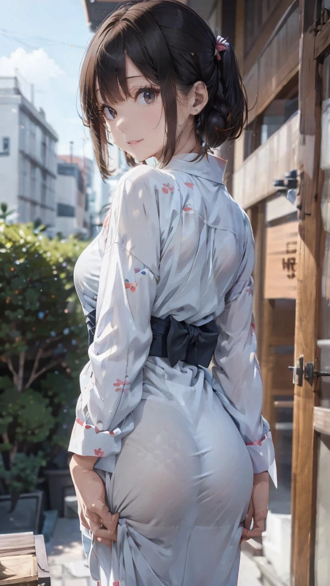 Yukata、Close contact to the body、Alluring、, drunk, modern, from behind, Canon, masterpiece, anatomically correct, super detail, high details, high quality, 16k