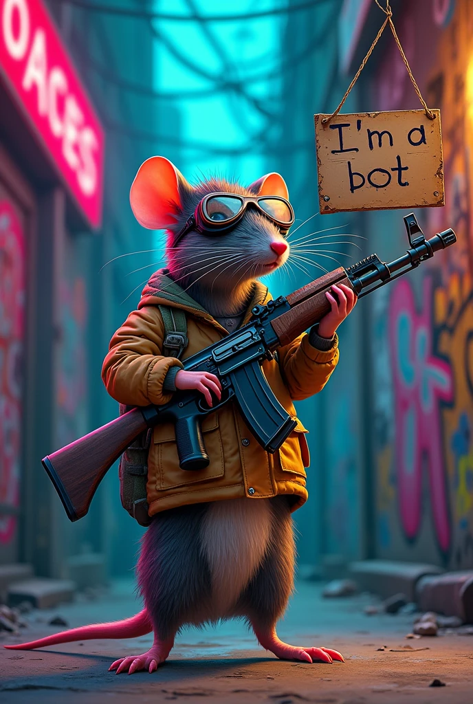 A female rat dressed with an AK47 with a sign that says I'm a bot