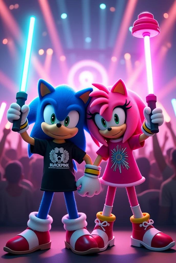 Create an image where Sonic and Amy Rose appear wearing Blackpink t-shirts and their hammer lightstick.

