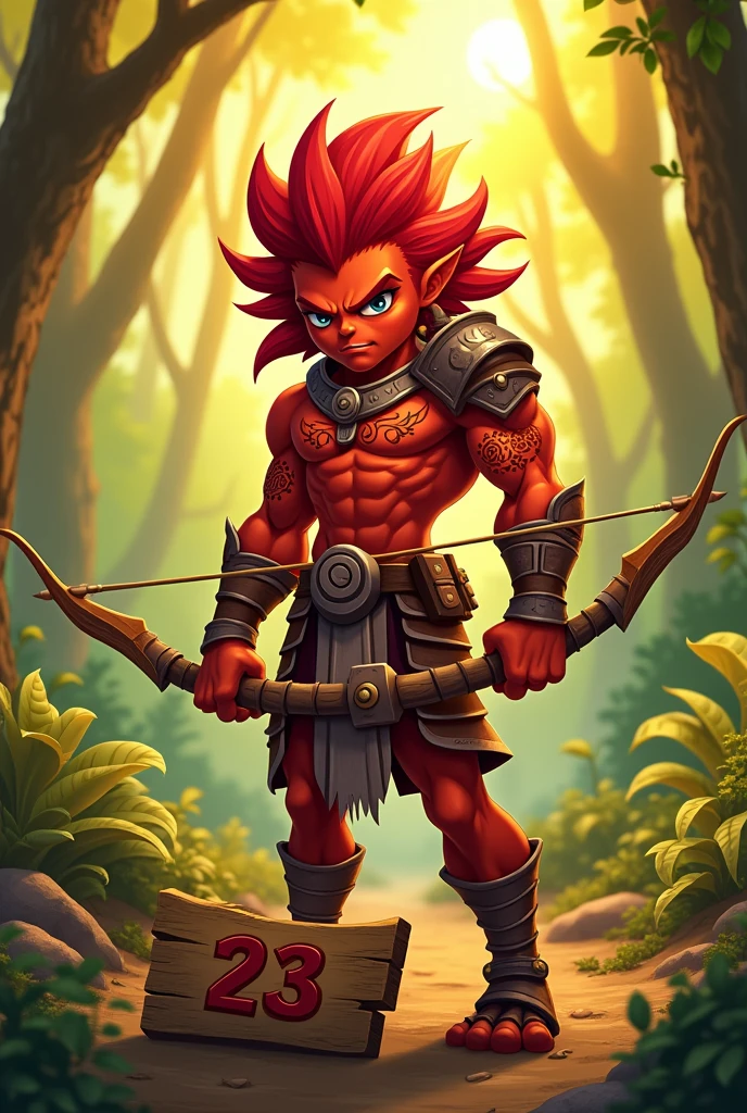 Red warrior archer cartoon character with a plaque prominently displaying the number 23