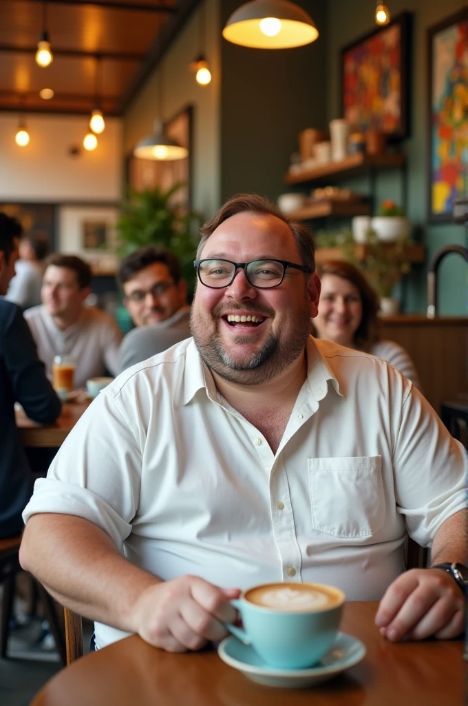 Create an image of a chubby guy with thick glasses, a white shirt and crooked teeth.