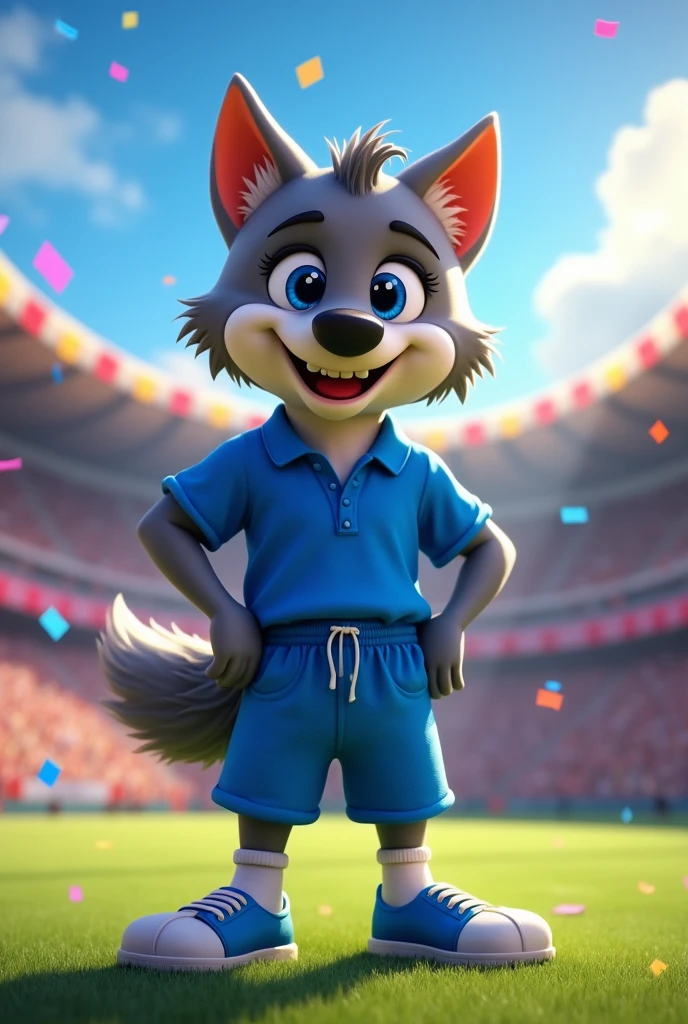 Wolf with blue shorts and blue shirt , It's paradoxical that it's gray , and that it has an animated style , types of mascots for the football games that you are watching on the right