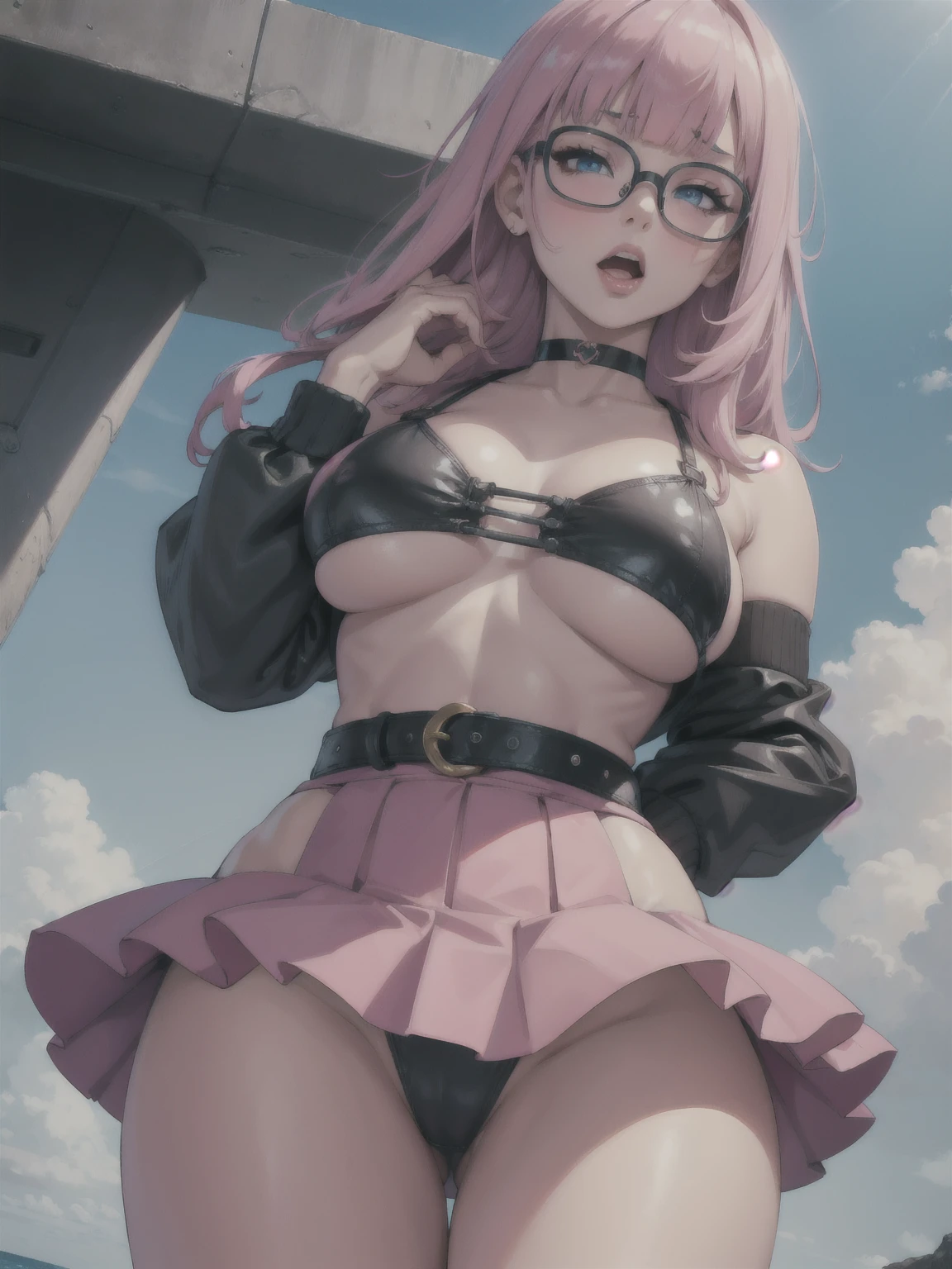 masterpiece,best quality, highly detailed, score_9, score_8_up, score_7_up, score_6_up,source realistic,
BREAK
  DildoChan, 1girl, bikini_skirt, underboob, breasts on hands, glasses, large breasts, long hair, choker, blue eyes, pink hair, bangs, blunt bangs, open mouth, solo, naughty face, random angle, thicc thighs,