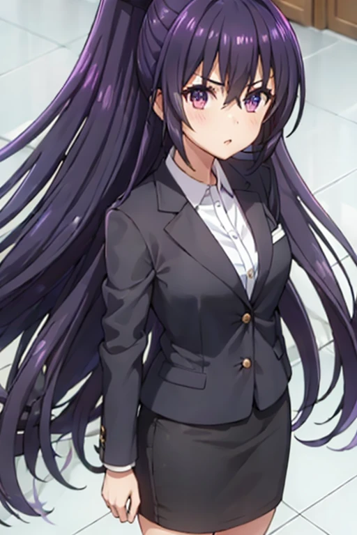 1girl, tohka yatogami, suit, office lady, black skirt, black blazer, pencil skirt, white shirt, collared shirt, long hair, teenager, looking at viewer, full body,