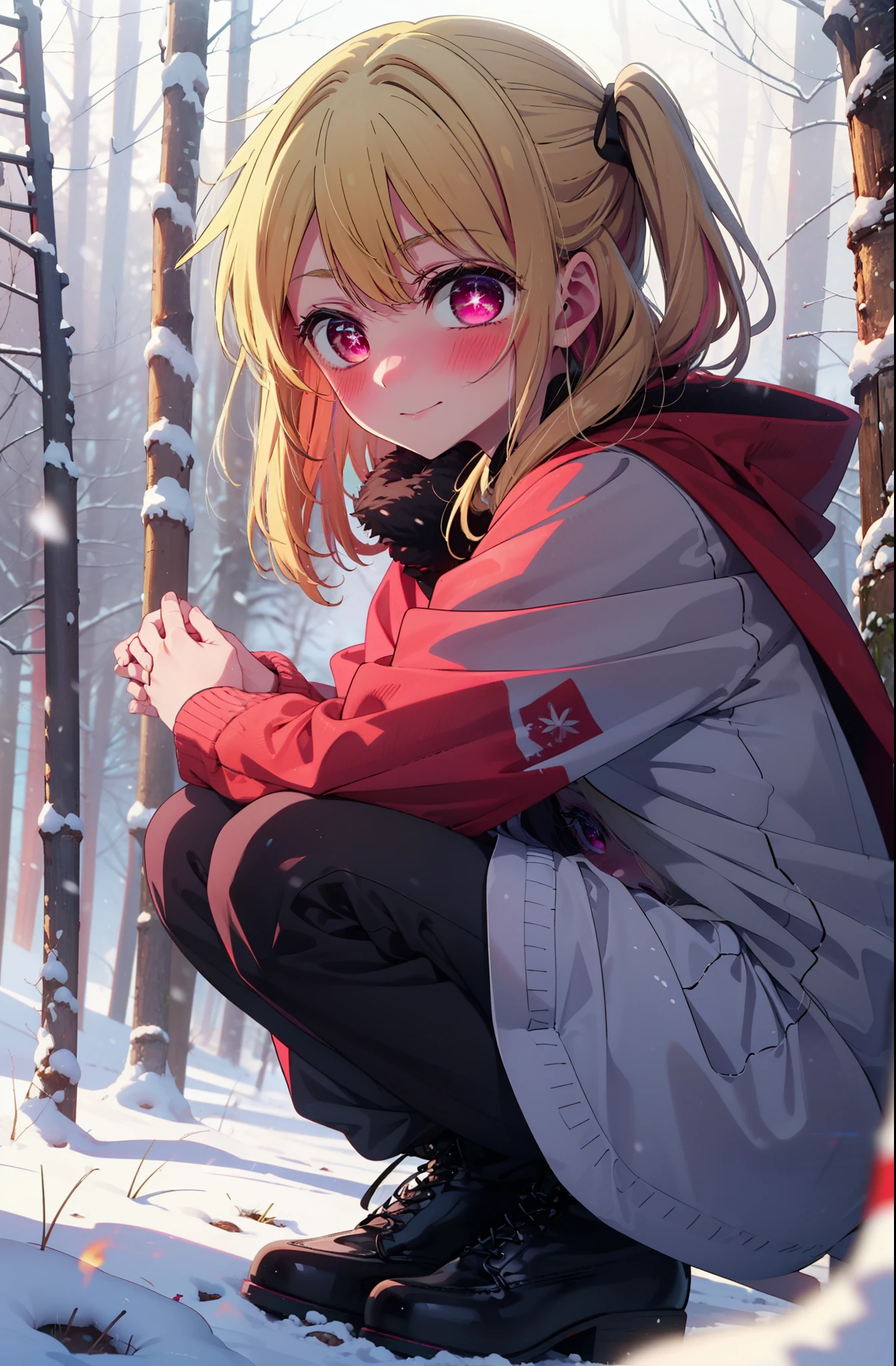 rubyhoshino, Hoshino Ruby, Long Hair, bangs, Blonde, (Pink Eyes:1.3), Side Lock, (Symbol-shaped pupil:1.5), Multicolored Hair, Two-tone hair, smile,,smile,blush,white breath,
Open your mouth,snow,Ground bonfire, Outdoor, boots, snowing, From the side, wood, suitcase, Cape, Blurred, , forest, White handbag, nature, Squat, Mouth closed, Cape, winter, Written boundary depth, Black shoes, red Cape break looking at viewer, Upper Body, whole body, break Outdoor, forest, nature, break (masterpiece:1.2), Highest quality, High resolution, unity 8k wallpaper, (shape:0.8), (Beautiful and beautiful eyes:1.6), Highly detailed face, Perfect lighting, Highly detailed CG, (Perfect hands, Perfect Anatomy),